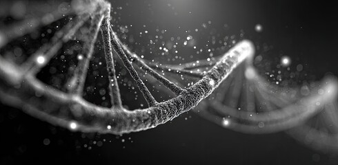 Close up of a glowing double helix structure with particles