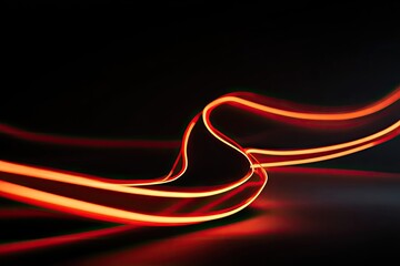 Glowing red and orange light trails curve and flow against a dark backdrop