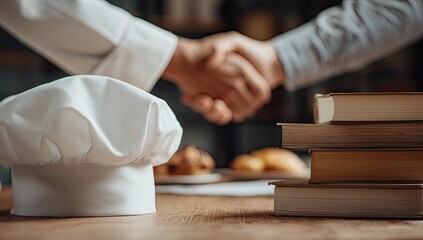 Chef's hat, books, and handshake on wooden table, collaboration