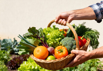 Man holding a wicker basket full of fresh organic vegetables and fruit. Farmer with a colorful harvest from the garden. Healthy eating and local food concept