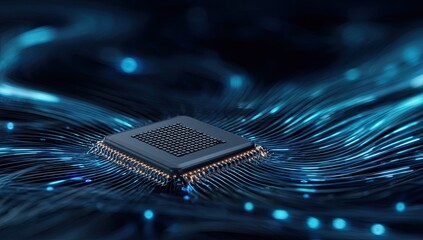 Glowing circuits connect a central processor in a futuristic digital network