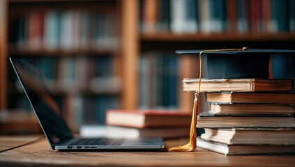 A graduation cap rests atop books next to a laptop in a library