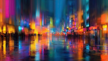 Naklejka premium Impressionistic city street scene with vibrant, blurred neon lights reflecting on wet pavement