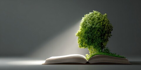 Open book with a green, tree-shaped head profile emerging