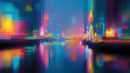 Obraz premium Abstract cityscape with vibrant, blurred neon lights reflecting on water