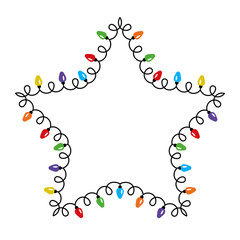 Star shaped Christmas lights frame with empty space. New Years vector design of colorful lightbulb garland. Decorative holiday element for greetings cards, invitations, banners, posters