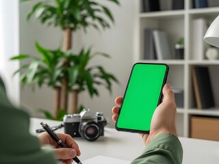Person holding green screen smartphone near vintage camera and desk
