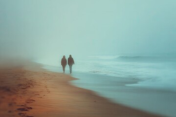 Two figures walk along a foggy, misty beach with gentle waves