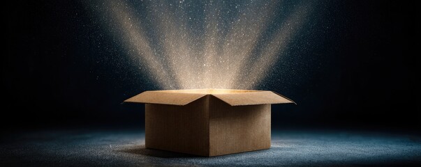 Open cardboard box emitting beams of light and glowing particles