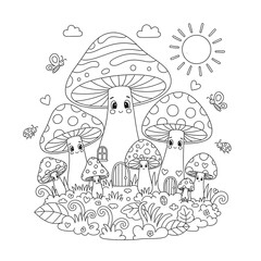 Naklejka premium Mushroom family with doors and windows in a garden with bugs and butterflies