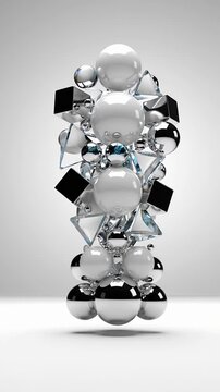 Abstract 3D geometric shapes animation featuring shiny chrome spheres glossy white balls clear glass pyramids and sleek black cubes on a clean modern background