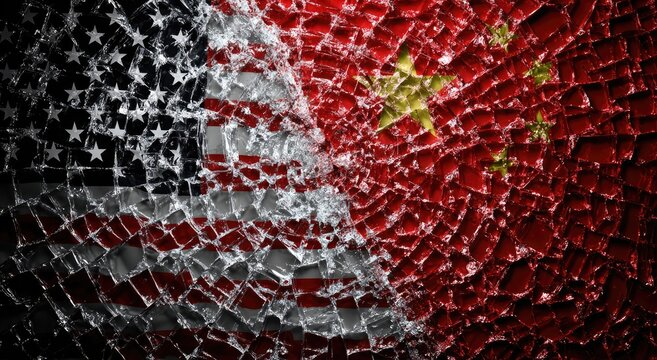 Shattered flags of two nations collide, symbolizing conflict and division