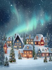 Fototapeta premium Snowy Christmas village illustration at night with glowing windows and northern lights above