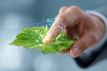 Fingertip touches a vibrant green leaf with digital light network overlays