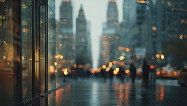 Blurred city street with bokeh lights and reflective sidewalk after rain - Powered by Adobe