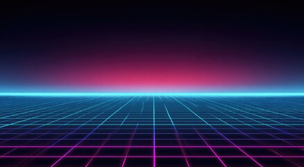 Neon grid receding into a glowing gradient horizon under darkness