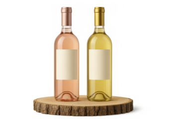 Rosé and white wine bottles on wood slice mockup