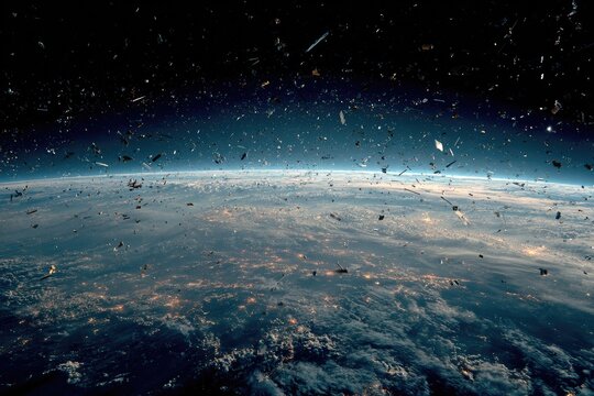 Earth seen from space littered with orbital debris, city lights glow below
