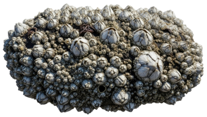 Close-up view of a cluster of barnacles attached to a rock surface, showing intricate details.