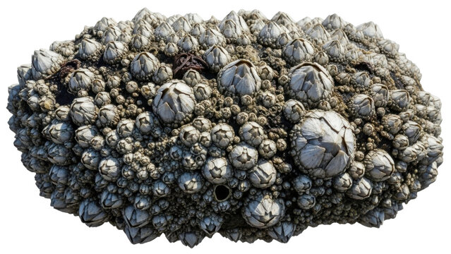 Close-up view of a cluster of barnacles attached to a rock surface, showing intricate details.