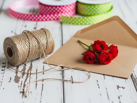 Crafting supplies with red roses and jute twine on wooden surface
