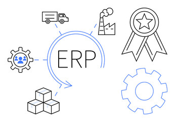 Enterprise management, supply chain optimization, industrial processes, logistics, ERP solutions, and productivity tools. ERP text surrounded by a factory, gear icons, and logistics symbols