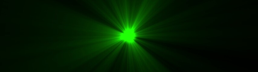 Bright green light rays emanating from a central point against a dark background beam glow
