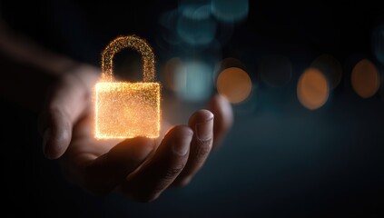 Glowing digital padlock emerges from open hand against bokeh night background