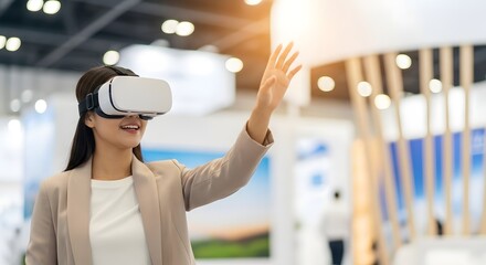 Young Asian woman experiencing virtual reality travel demo at a modern Fitur tourism expo for immersive digital exploration concept