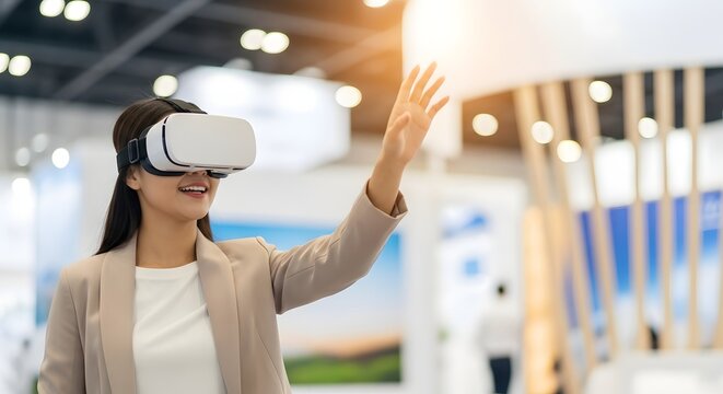 Young Asian woman experiencing virtual reality travel demo at a modern Fitur tourism expo for immersive digital exploration concept