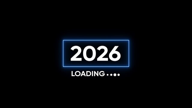White 2026 year number in blue neon rectangle frame with L O A D I N G text below on black background