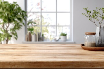 Fototapeta premium Rustic wooden tabletop with soft light and plants near a window