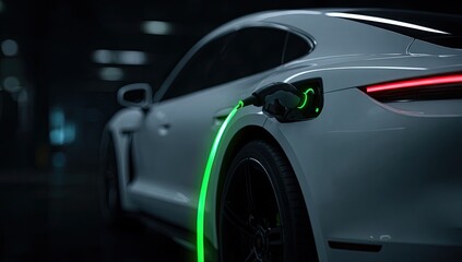 Sleek white electric car charging with glowing green cable in a dark garage