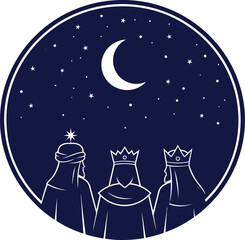 Three Wise Men Under Crescent Moon and Stars in Circle nativity christmas