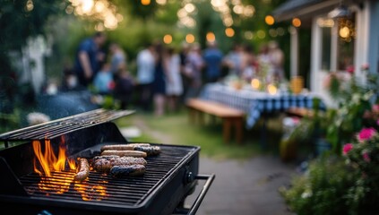 Backyard barbecue with grilled food and guests enjoying an outdoor gathering