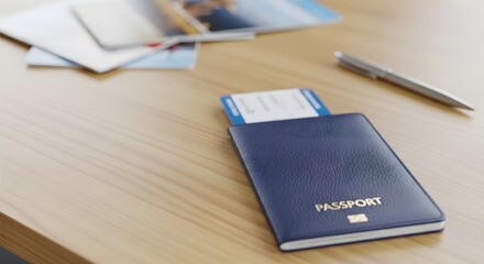 Blue passport and boarding pass lying ready on a wooden desk with travel brochures and a pen for international travel planning concept and upcoming tourism expo