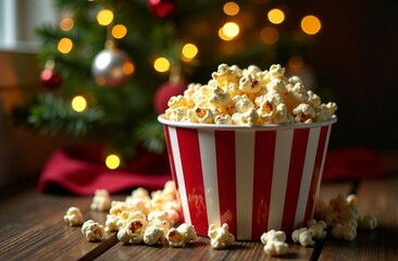 The bucket popcorn under the Christmas tree. New Year's advertising poster for a cinema or online streaming service. December movie poster.