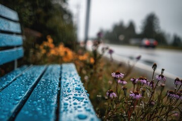 Close-up on a wet, blue park bench with rain falling