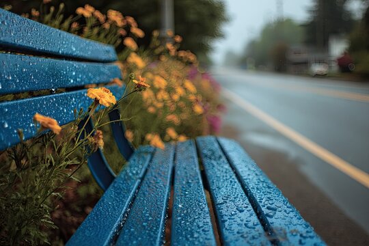 Blue park bench with flowers, wet from rain, beside road - Powered by Adobe