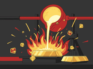 Molten gold pours into a mold, creating intricate shapes amidst flames. A dynamic, fiery image symbolizing value and craftsmanship. High contrast, dramatic lighting.
