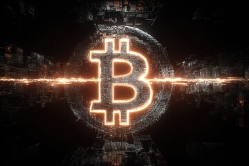 Futuristic digital sphere with glowing symbol and energy beam