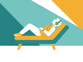 Obraz premium A relaxed figure listens to audio on a chaise lounge, bathed in warm light. Modern, minimalist design with teal and orange hues. Perfect for wellness, learning, or relaxation concepts.