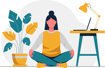 A serene woman meditates with a laptop and plant in a calming home workspace. Soft colors and a minimalist aesthetic create a peaceful atmosphere. Ideal for wellness and productivity themes.