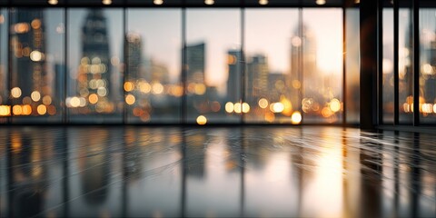 Empty, modern office space with a blurred city skyline at sunset