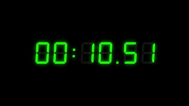 6 Digits Green Digital Countdown Timer Starting at 00:15:00 (15 seconds) on Black Background, Featuring High-Visibility LED Display. 4K Motion Graphics.