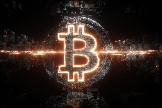 Futuristic digital sphere with glowing symbol and energy beam - Powered by Adobe