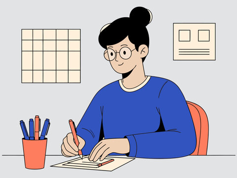A stylish woman sketches at her desk, surrounded by pens and a calendar. Clean lines and a modern aesthetic create a clear workspace. Focus on productivity and organization.