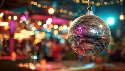 Shimmering disco ball hangs in a vibrant, blurred nightclub with colorful lights