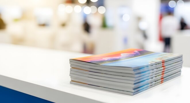 Stack of vibrant travel catalogs displayed on a counter at a bustling tourism expo for destination marketing concept and event promotion