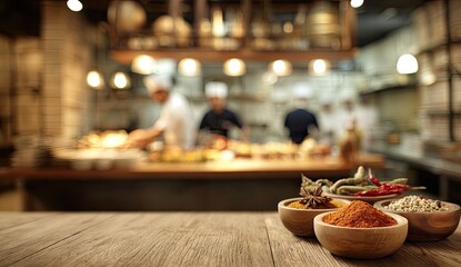 Culinary spices in foreground, blurred kitchen in background with chefs